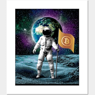 Astronaut with bitcoin flag in moon landing  background Posters and Art